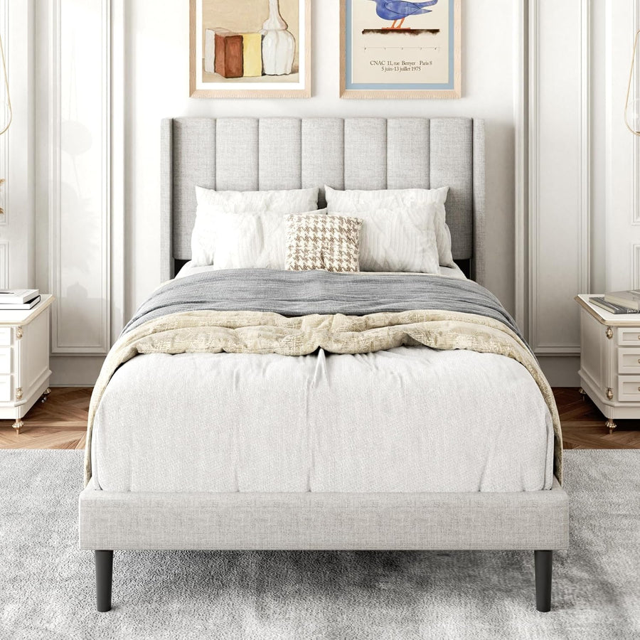 Queen Size Bed Frame with Upholstered Wingback Headboard, Sand - $140