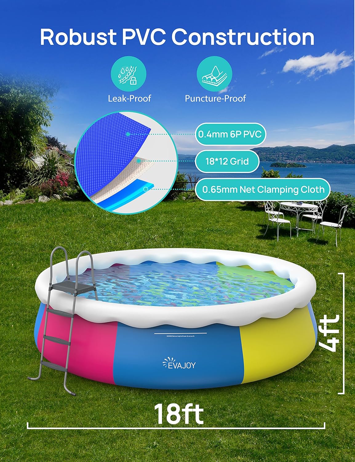 EVAJOY Inflatable Top Ring Swimming Pools 18ft*48in Round Pool Include Filter Pump - $190