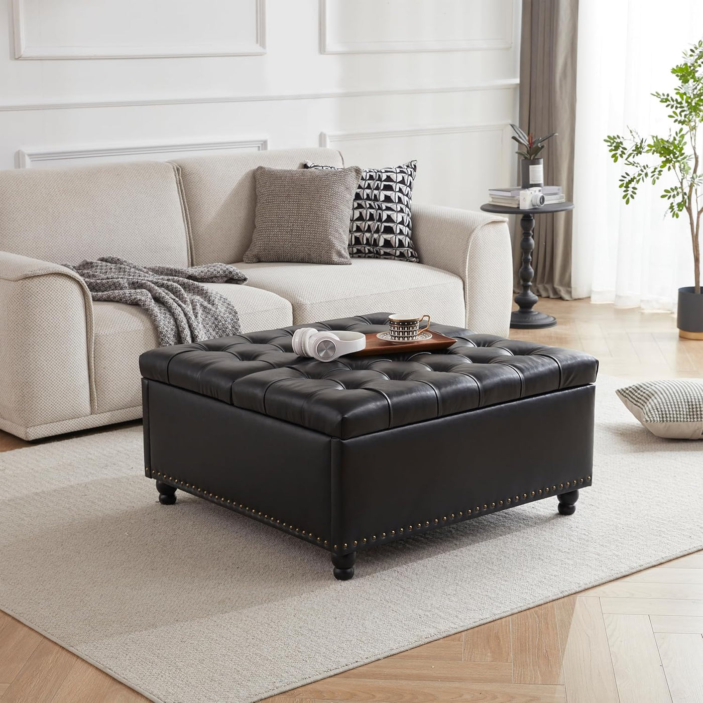 Tbfit 35.5” Large Square Storage Ottoman Bench, Tufted Upholstered Coffee Table - $120