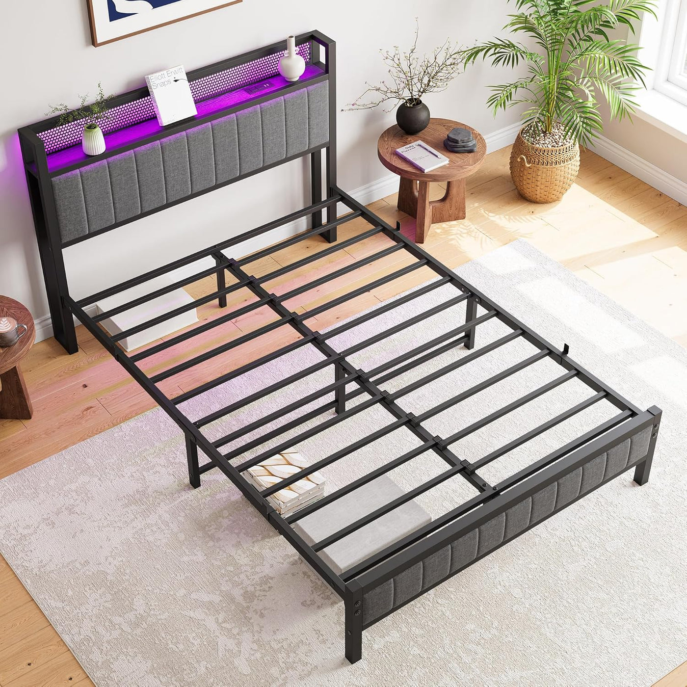 BOFENG Full Size Bed Frame with Storage Headboard/LED Lights, Heavy Duty - $110