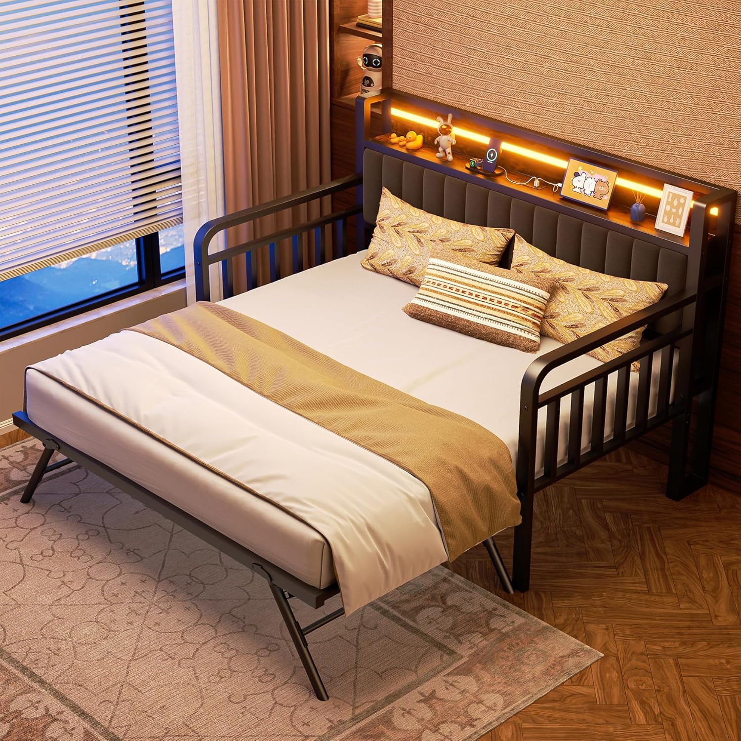 Daybed with Trundle and LED Light, Heavy Duty Metal Twin Bed Frame - $155