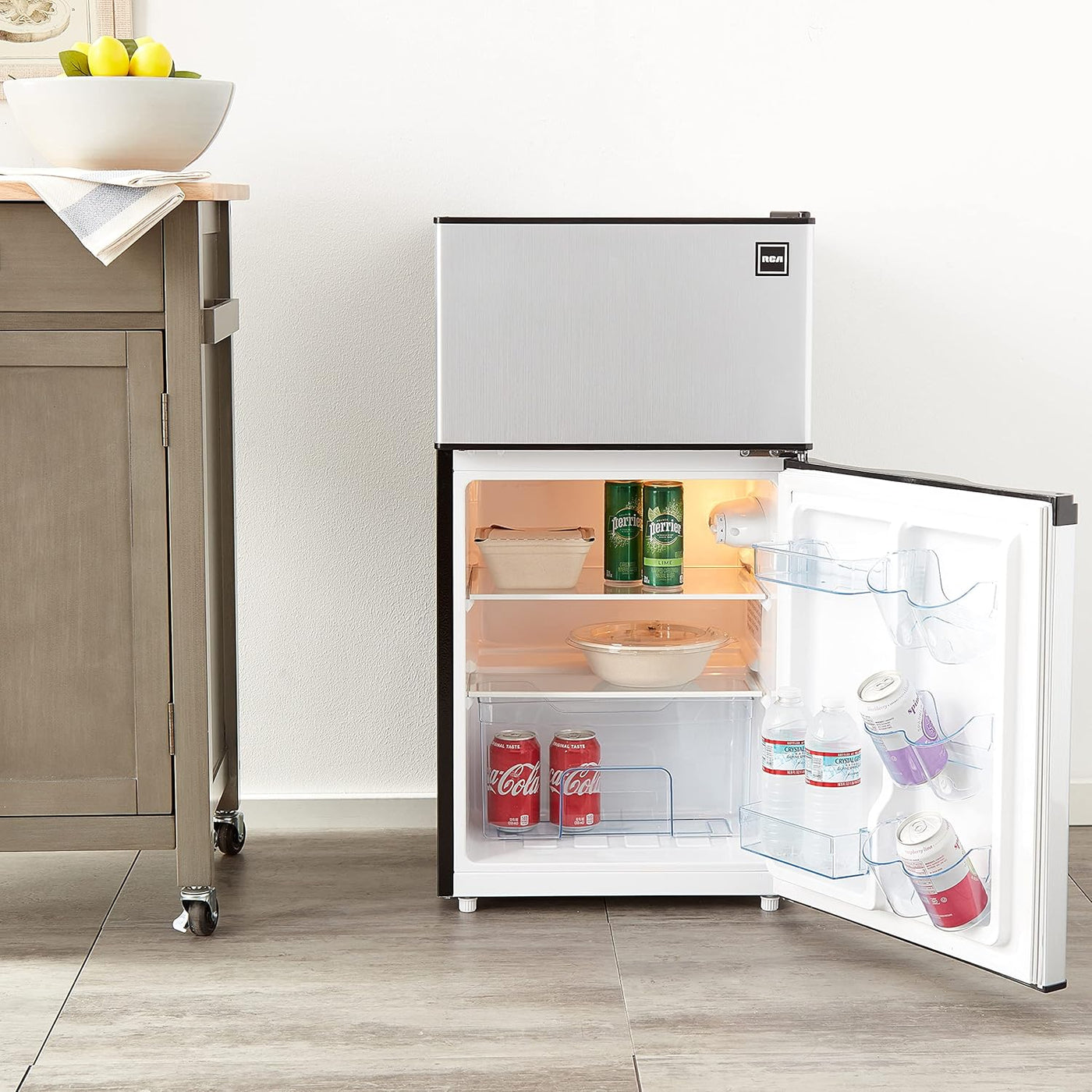 RCA RFR836 3.2 Cu Ft 2 Door Fridge and Freezer, Stainless Steel - $300