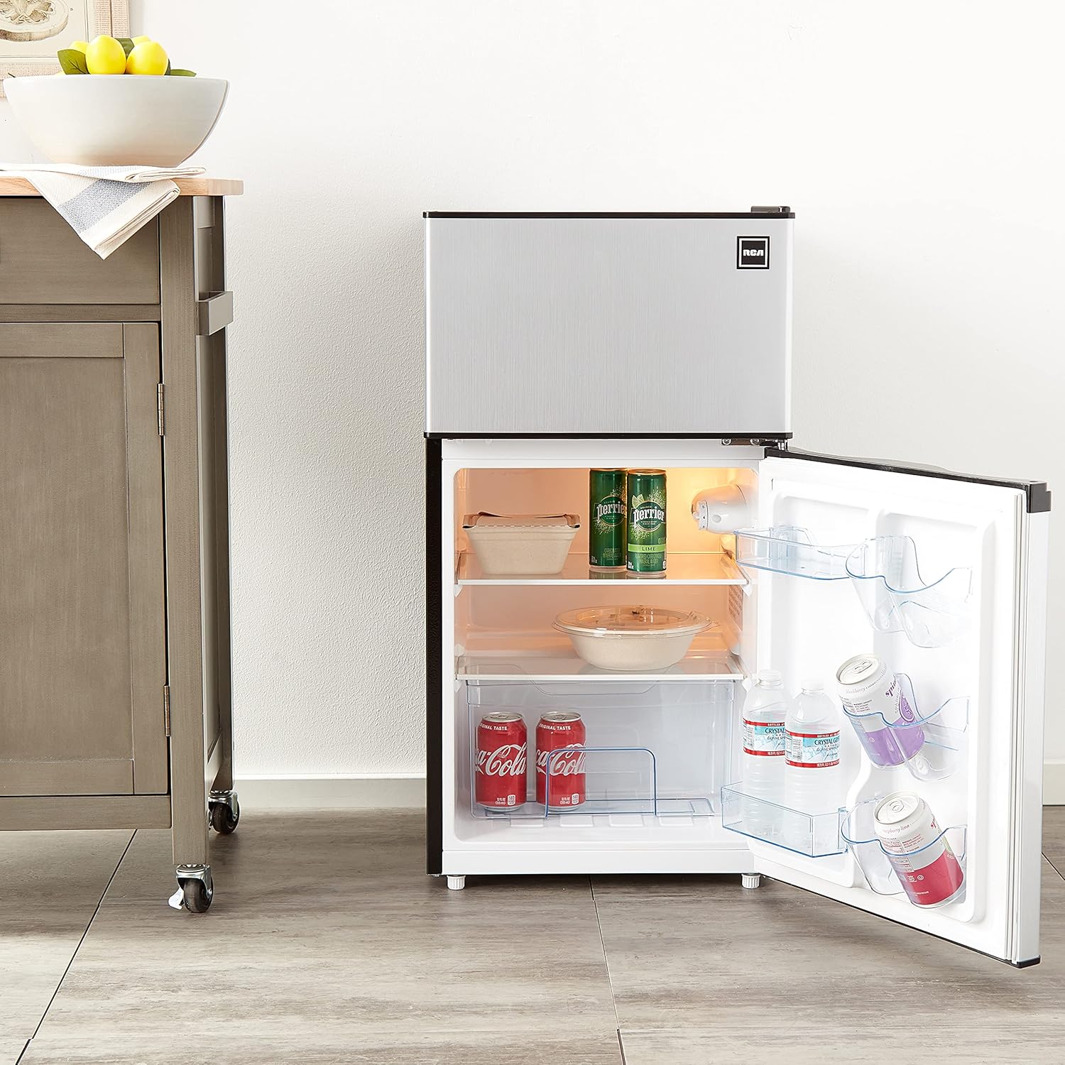 RCA RFR836 3.2 Cu Ft 2 Door Fridge and Freezer, Stainless Steel - $300