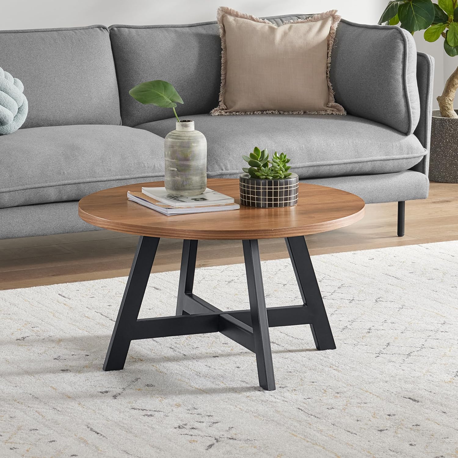 Lavish Home Coffee Table - Industrial Modern Round Table w/ MDF Top and Metal Base - $75