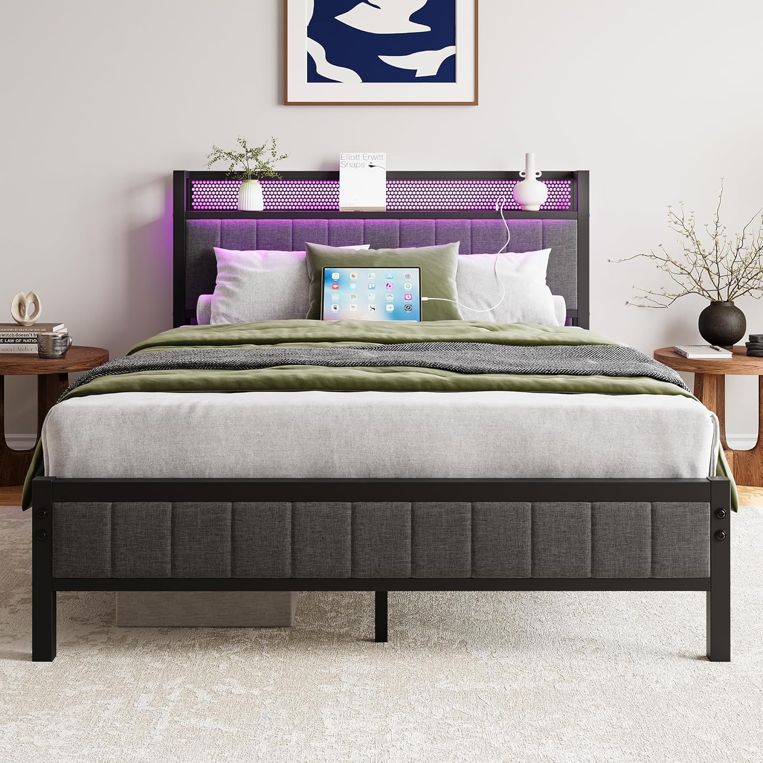 BOFENG Full Size Bed Frame with Storage Headboard/LED Lights, Heavy Duty - $110