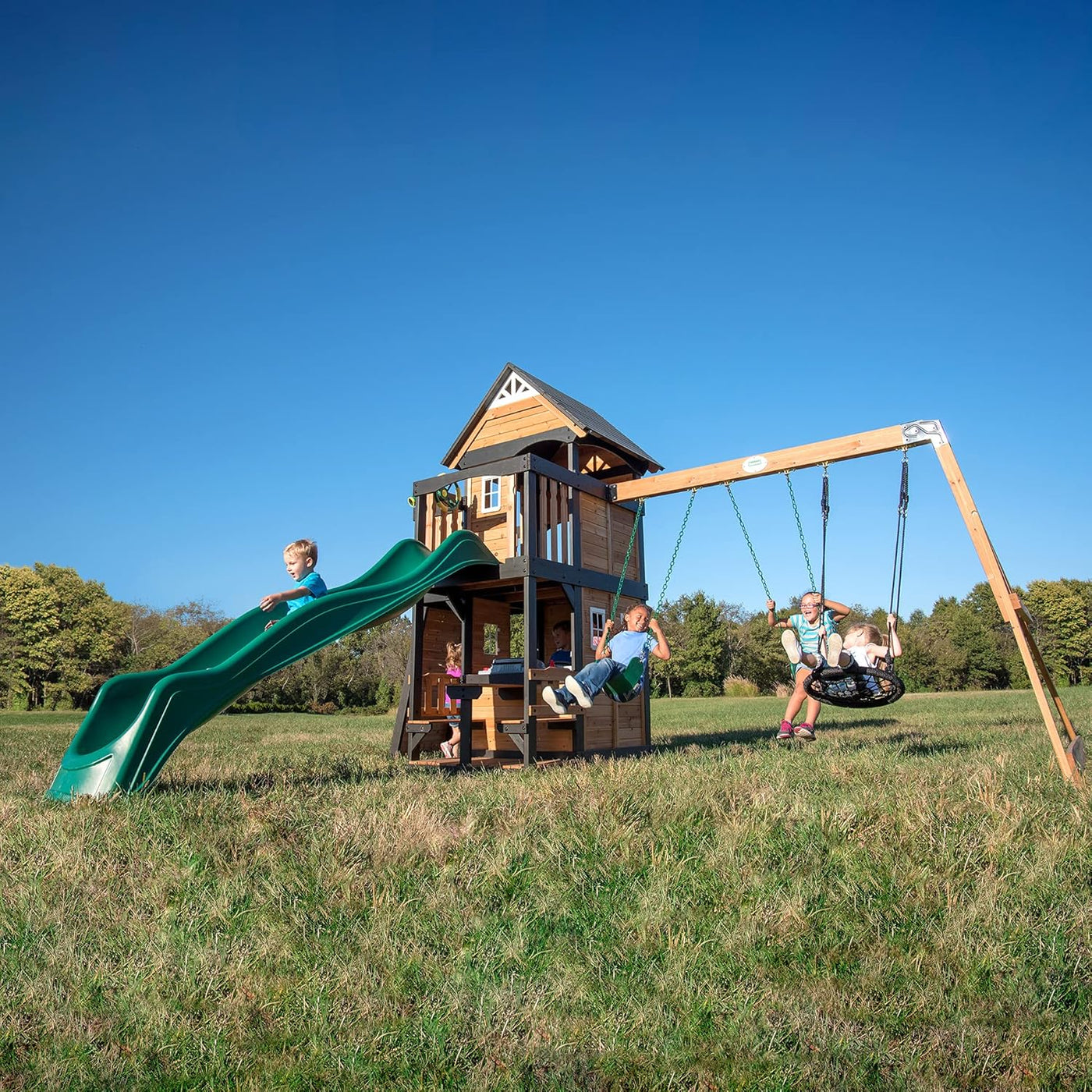 Backyard Discovery Canyon Creek Swing Set, Playhouse with Grill (No slide) - $800