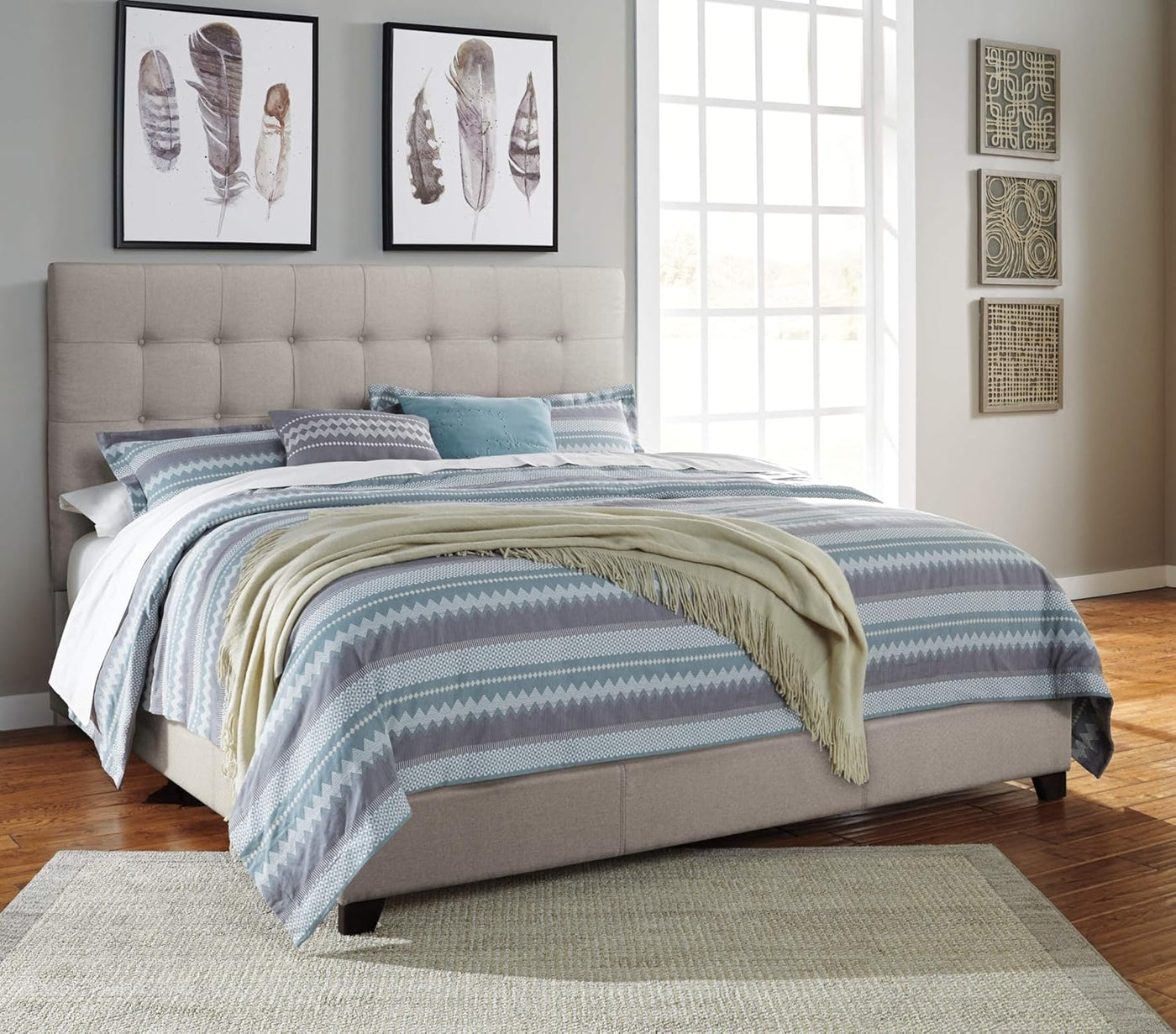 Modern Farmhouse Button-Tufted Upholstered Platform Bed, King, Beige - $260