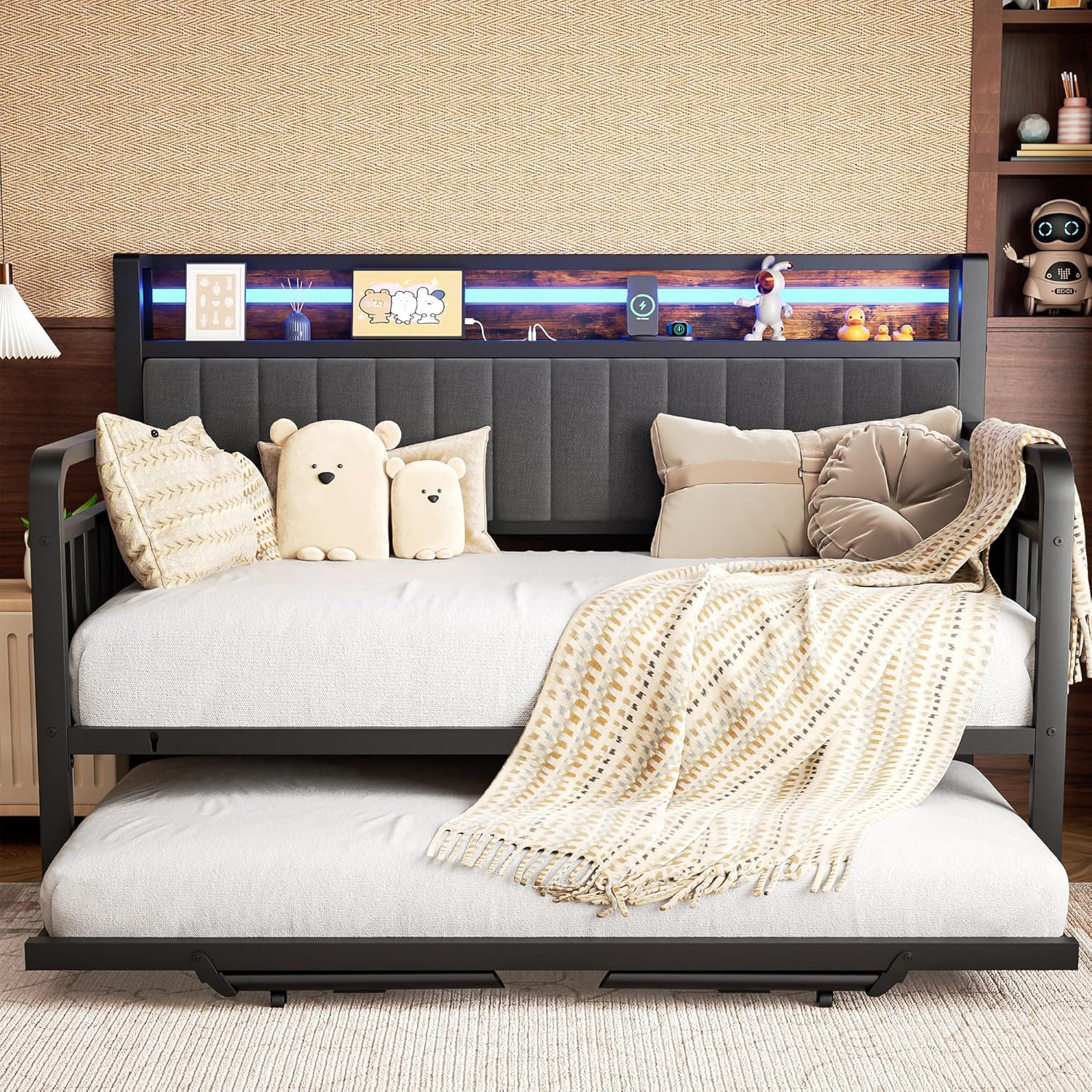 Daybed with Trundle and LED Light, Heavy Duty Metal Twin Bed Frame - $155
