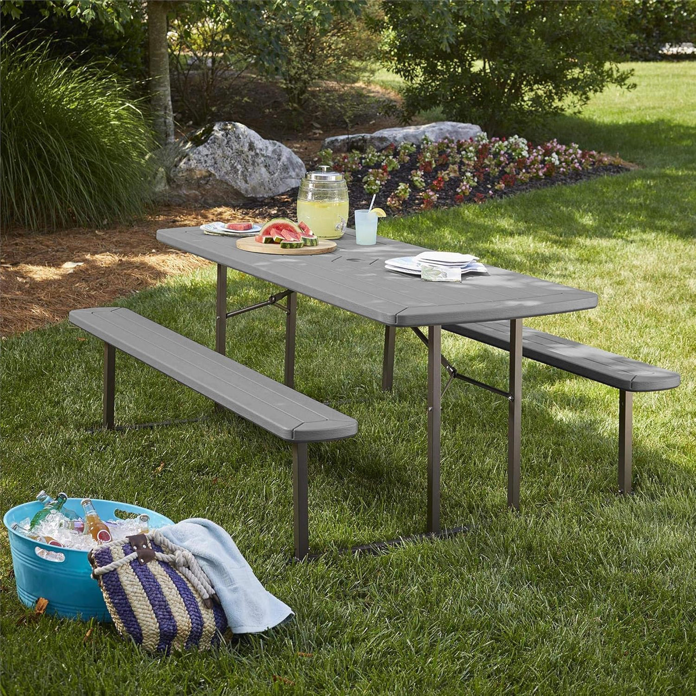 COSCO Outdoor Living 6 ft. Folding Picnic Table, Dark Gray Wood Grain Resin - $160