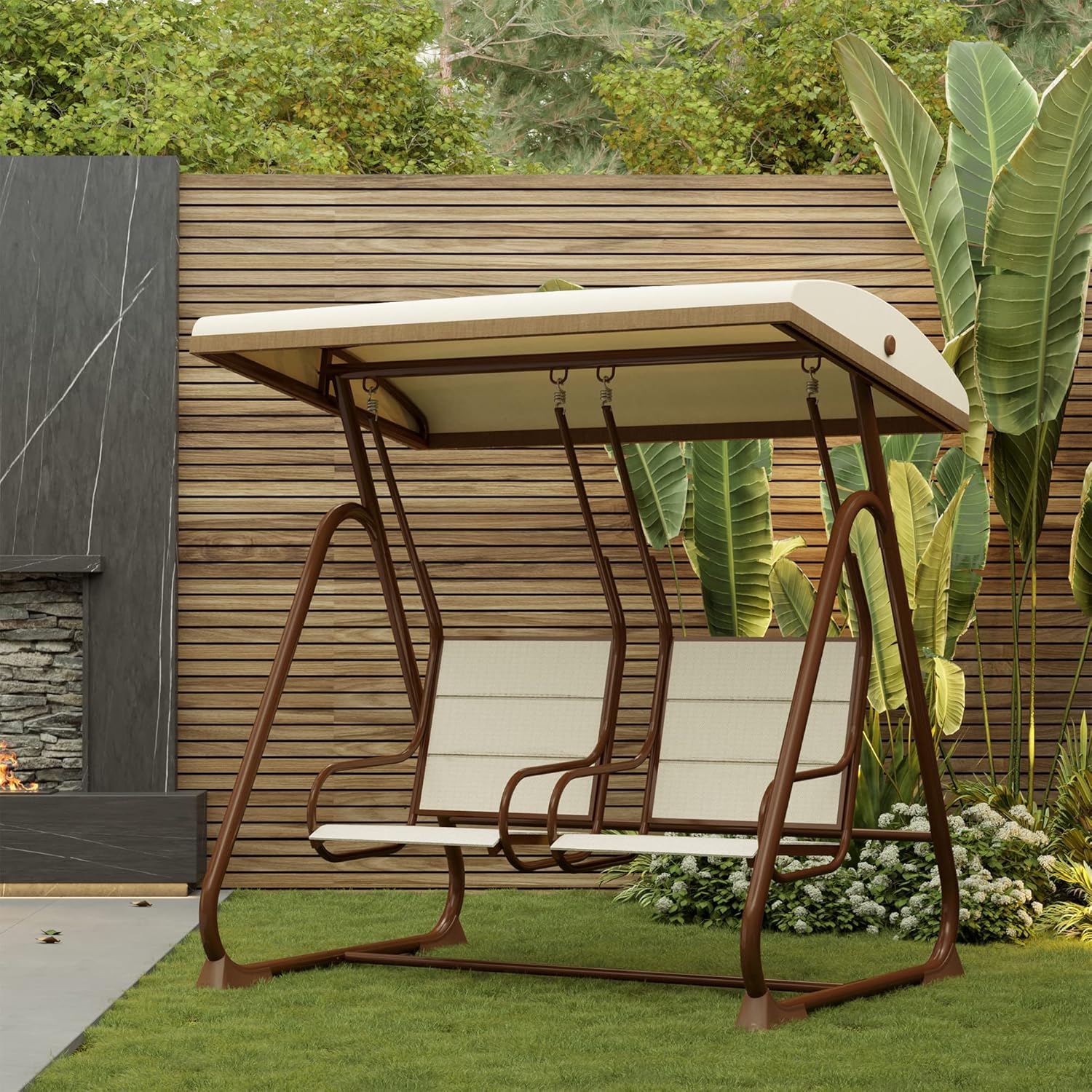 EAST OAK 2-Person Outdoor Patio Swing Chair with Adjustable Canopy, Porch Swing - $140