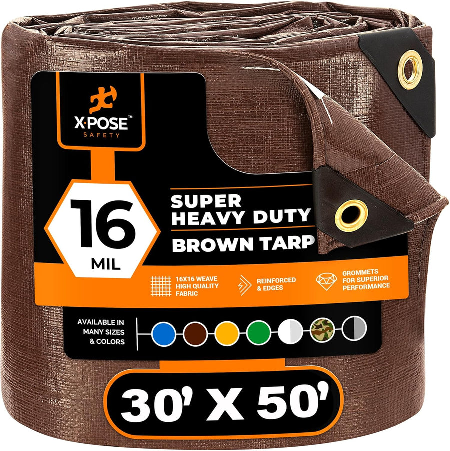 30' x 50' Super Heavy Duty 16 Mil Brown Poly Tarp Cover - Thick Waterproof - $215