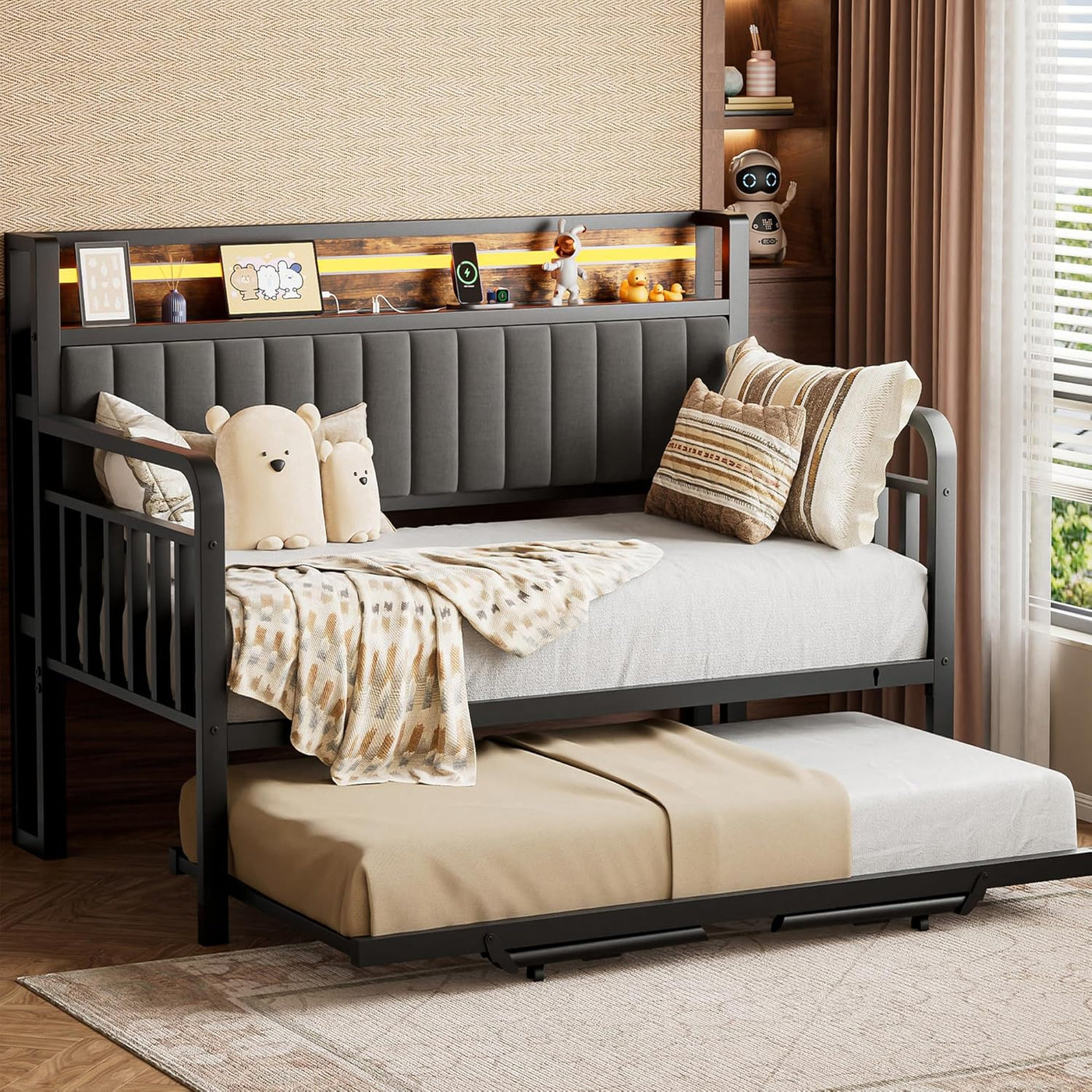 Daybed with Trundle and LED Light, Heavy Duty Metal Twin Bed Frame - $155