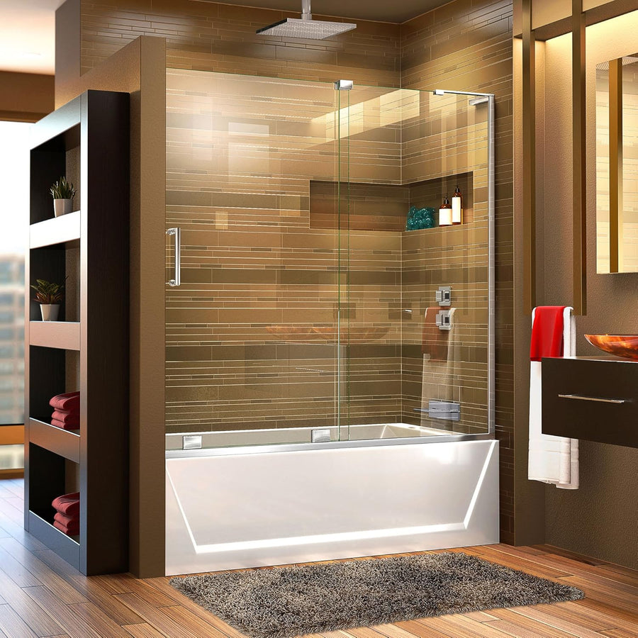 DreamLine Mirage-X 56-60 in. W x 58 in. H Frameless Sliding Tub Door in Chrome - $480