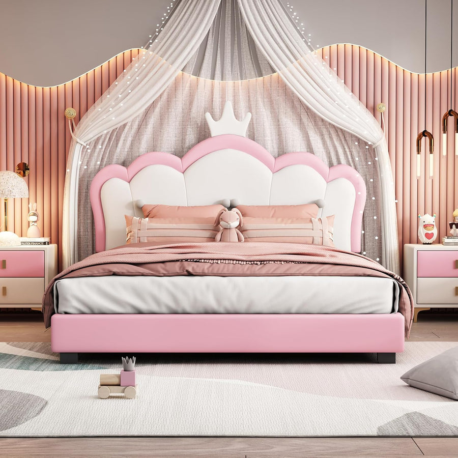 Harper & Bright Designs Full Size Upholstered Princess Bed with Crown Headboard - $110