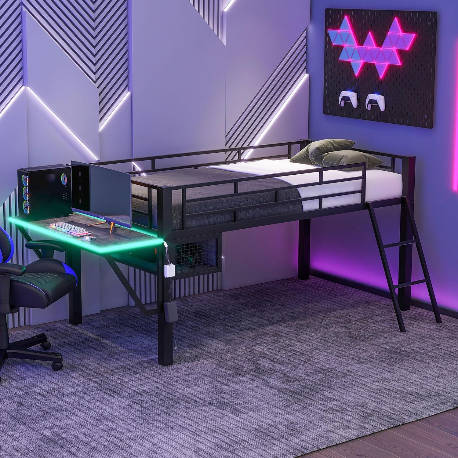 Harper & Bright Designs Gaming Mid Loft Bed Frame with Desk, LED, Twin, Black - $110