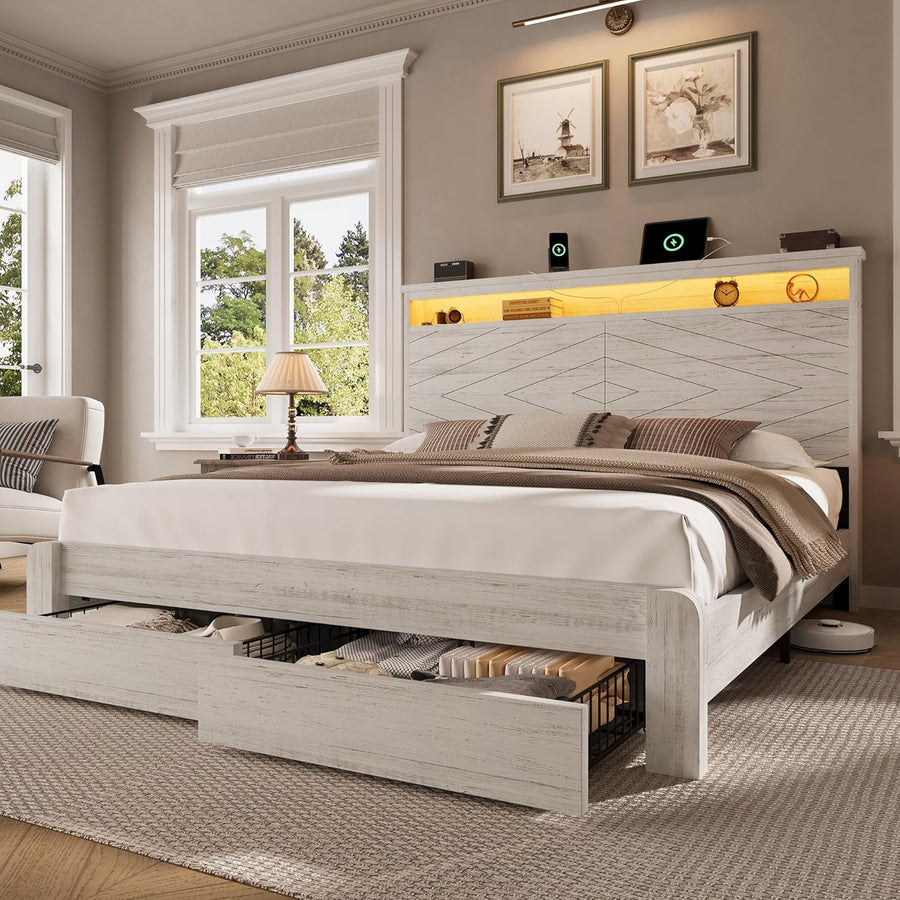 King Size Bed Frame with 2 Storage Drawers and Headboard Wooden Platform Bed Frame - $200