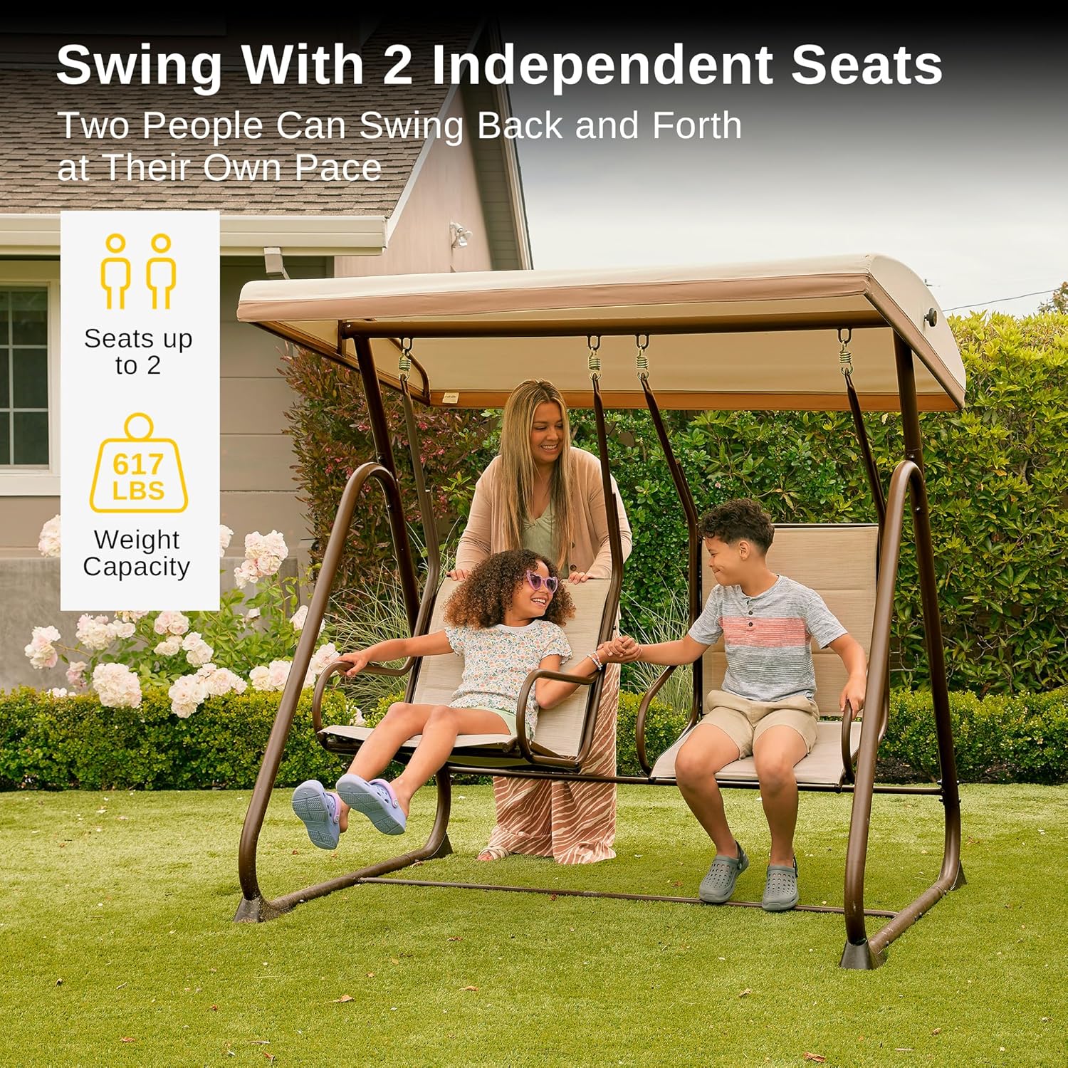 EAST OAK 2-Person Outdoor Patio Swing Chair with Adjustable Canopy, Porch Swing - $140