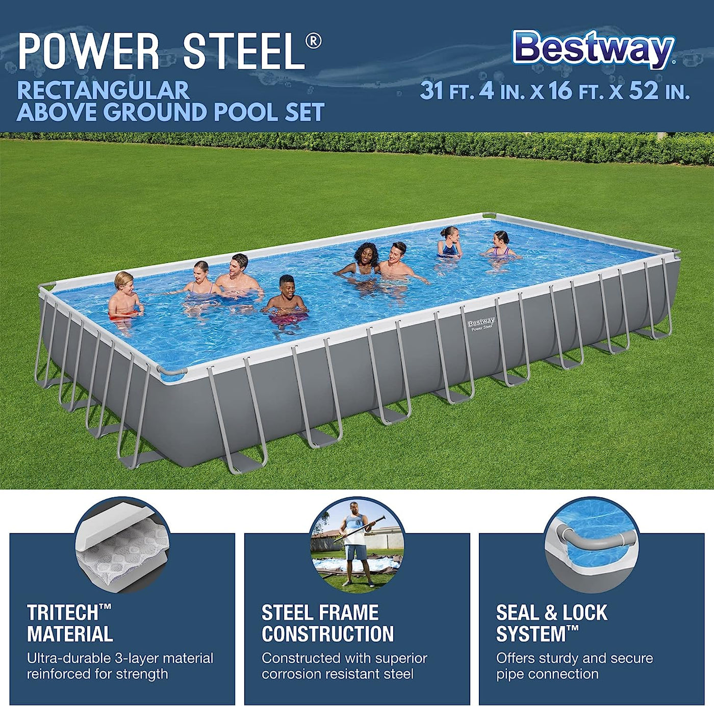 Bestway Power Steel 31' 4" x 16' x 52" Metal Frame Above Ground Pool - $835