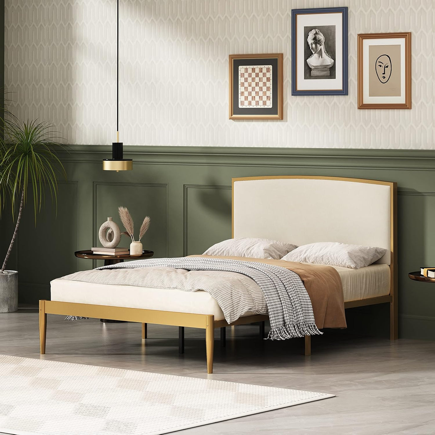 YUHUASHI Platform Metal Bed Frame, Simple Design (Beige & Gold, Full) - $325