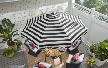 Hampton Bay 9 ft. Crank and Auto Tilt Patio Umbrella, Cabana Black/White Stripe - $70