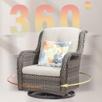 3-Piece Wicker Patio Swivel Outdoor Rocking Chair Set with Beige Cushions and Table - $360