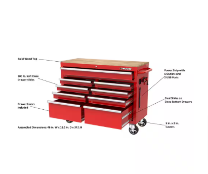 Husky Tool Storage 46 in. W Gloss Red Mobile Workbench Cabinet, No Key- $275