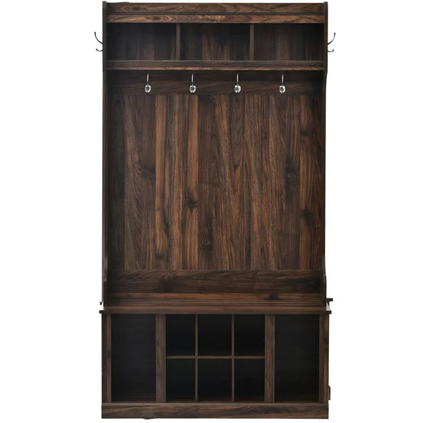 Wood Entryway Hall Tree with 6 Coat Hooks, Storage Bench and Shelf, Brown - $200