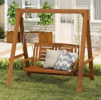 Furinno Tioman 2 Person Hardwood Teak Oil Patio Swing with Stand - $170