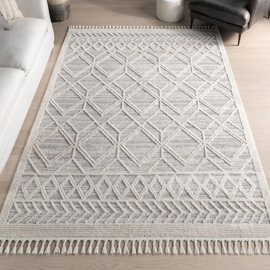 nuLOOM 8x11 Ansley Moroccan Tassel Area Rug, Light Grey, High-Low Textured - $115