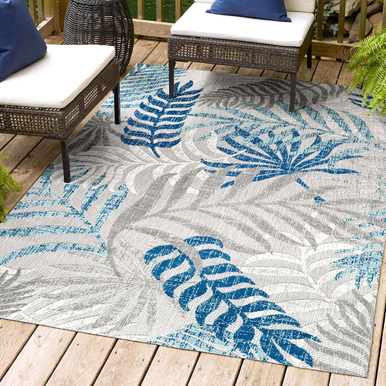 JONATHAN Y AMC100A-8 Tropics Palm Leaves Indoor Outdoor Area-Rug, 8 X 10, Gray/Blue - $55