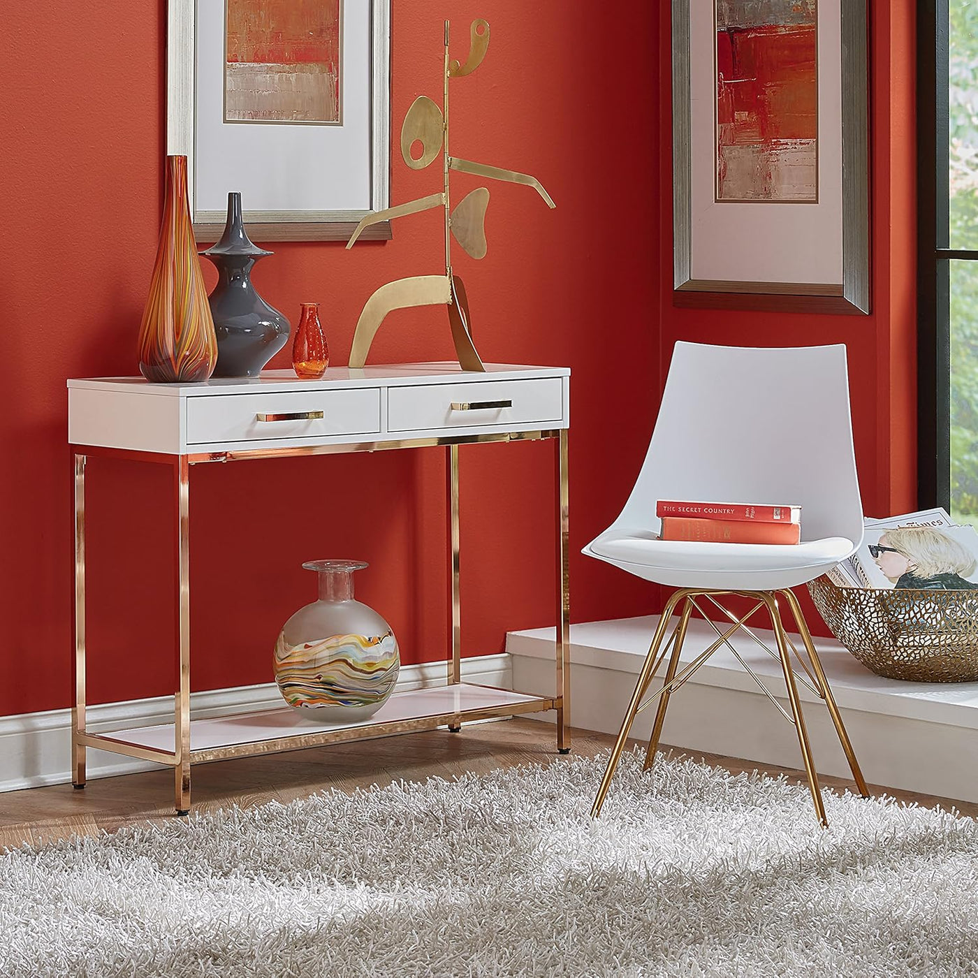 OSP Home Furnishings Alios Modern Foyer Table, White Gloss Finish, Gold Frame - $145