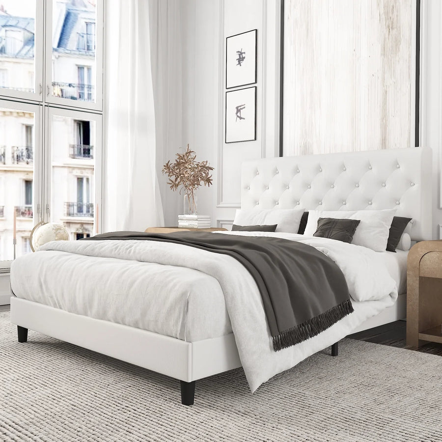 Amolife Queen Faux Leather Upholstered Platform Bed Frame with Adjustable Headboard - $105