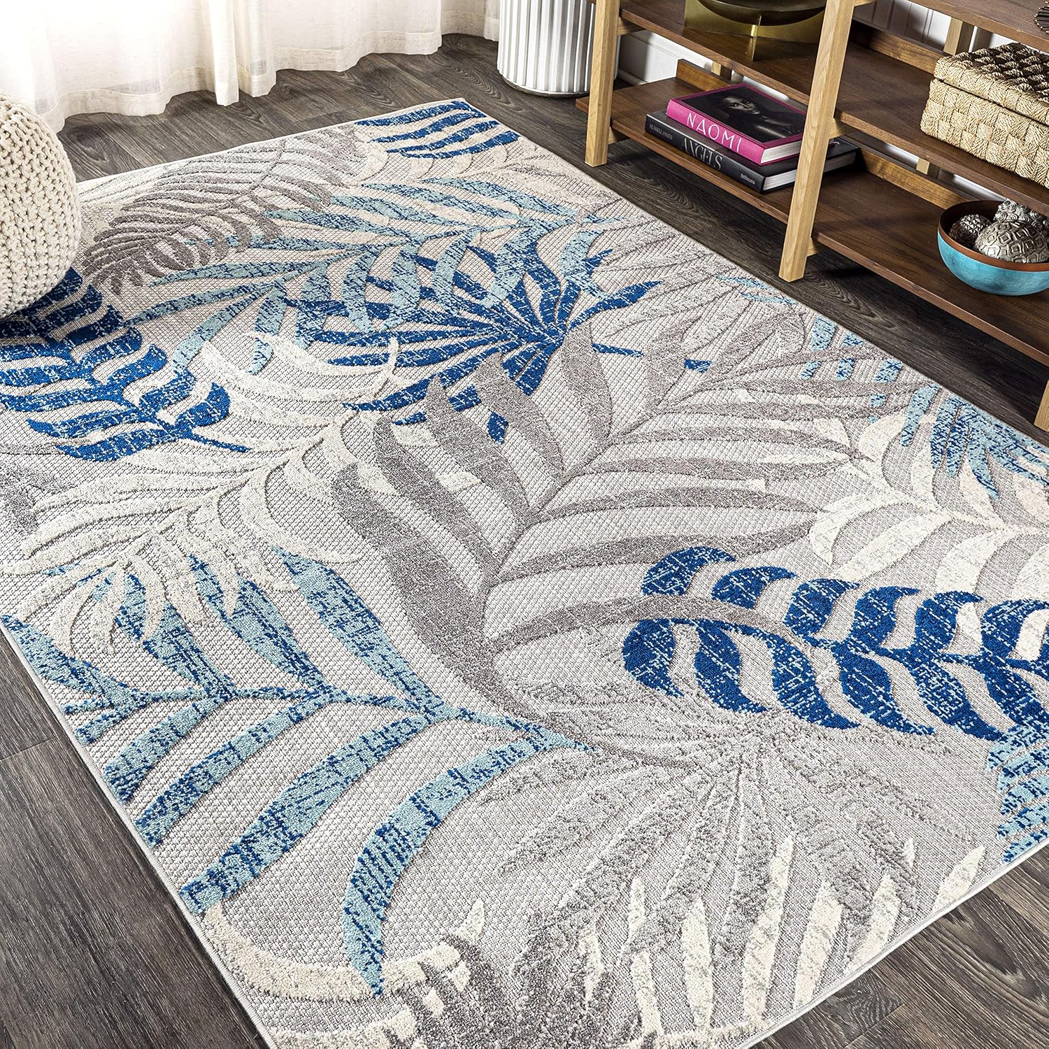 JONATHAN Y AMC100A-8 Tropics Palm Leaves Indoor Outdoor Area-Rug, 8 X 10, Gray/Blue - $55