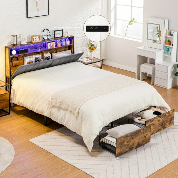 COMHOMA Queen Size Bed Frame, Platform Bed Frame with 2 Storage Drawers - $115