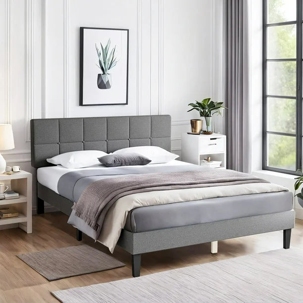 Full Size Bed Frame - Linen Upholstered Platform Bed with Headboard, Grey - $60