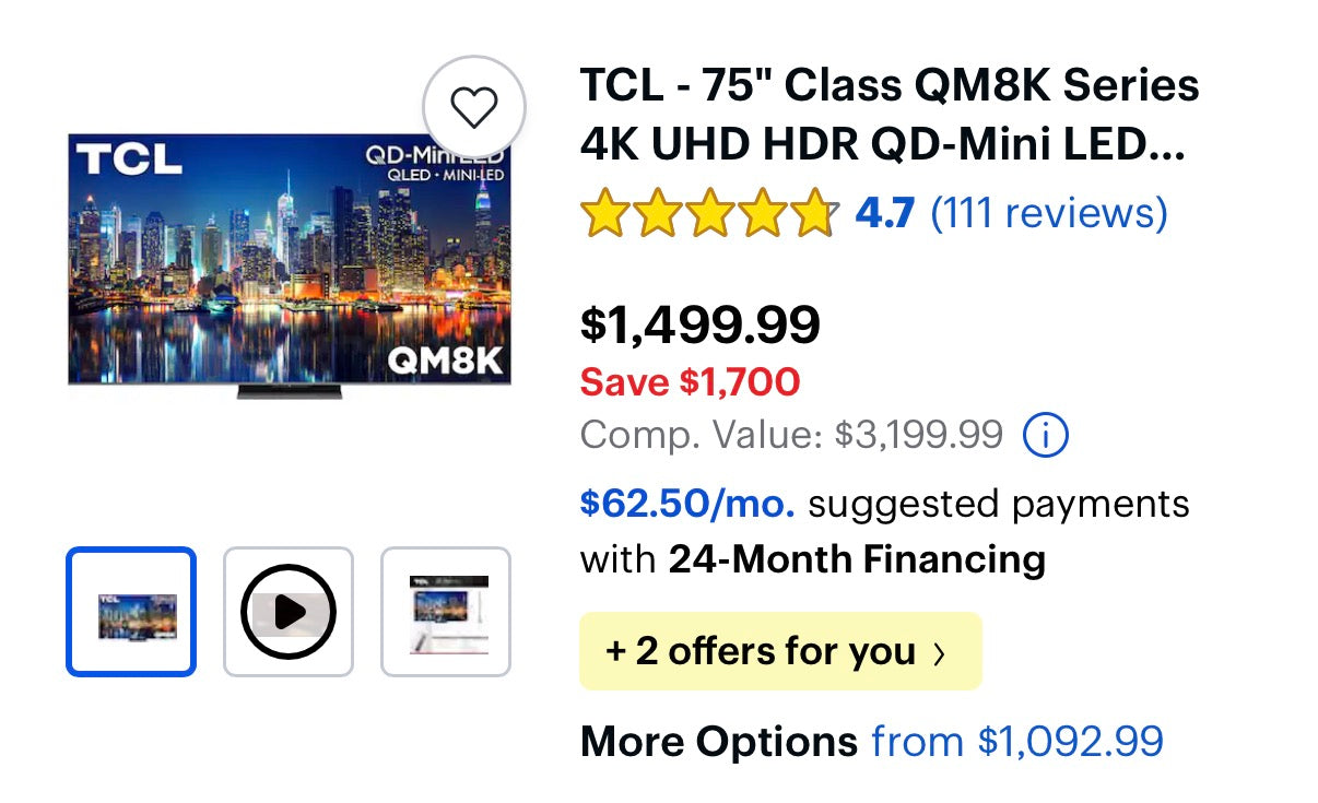 (ENTRY) TCL - 75” QD Mini LED - QM8K TV 4k