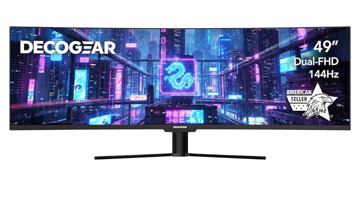 (Entry) Deco Gear Curved 49” Super Ultrawide Gaming Monitor, 32:9 WDFHD 3840×1080, 144Hz, 3ms, 3000:1 VA, HDR400, Adaptive Sync, USB-C 65W, HDMI/DP, PBP/PIP, KVM, 1800R, American Seller