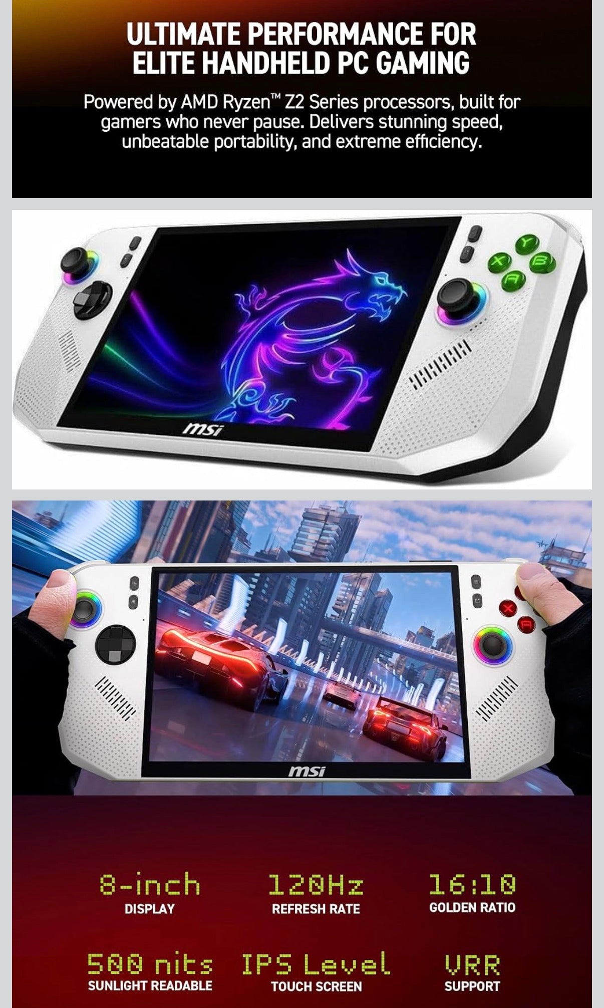 *waffle* msi Claw A8 PC Gaming Handheld: AMD Ryzen Z2 Extreme, 8" FHD+ 120Hz Display, 24GB LPDDR5x, 1TB NVMe SSD, SD Card Reader, Thunderbolt 4, Win 11 Home: White BZ2EM-070US