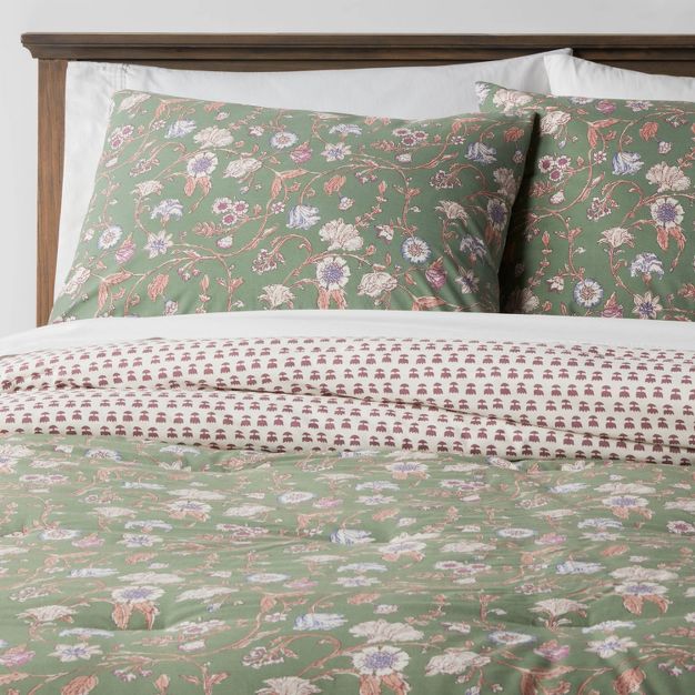 Boho Reversible Printed Comforter & Sham Set Green Floral (twin/twin xl) - Threshold - $30