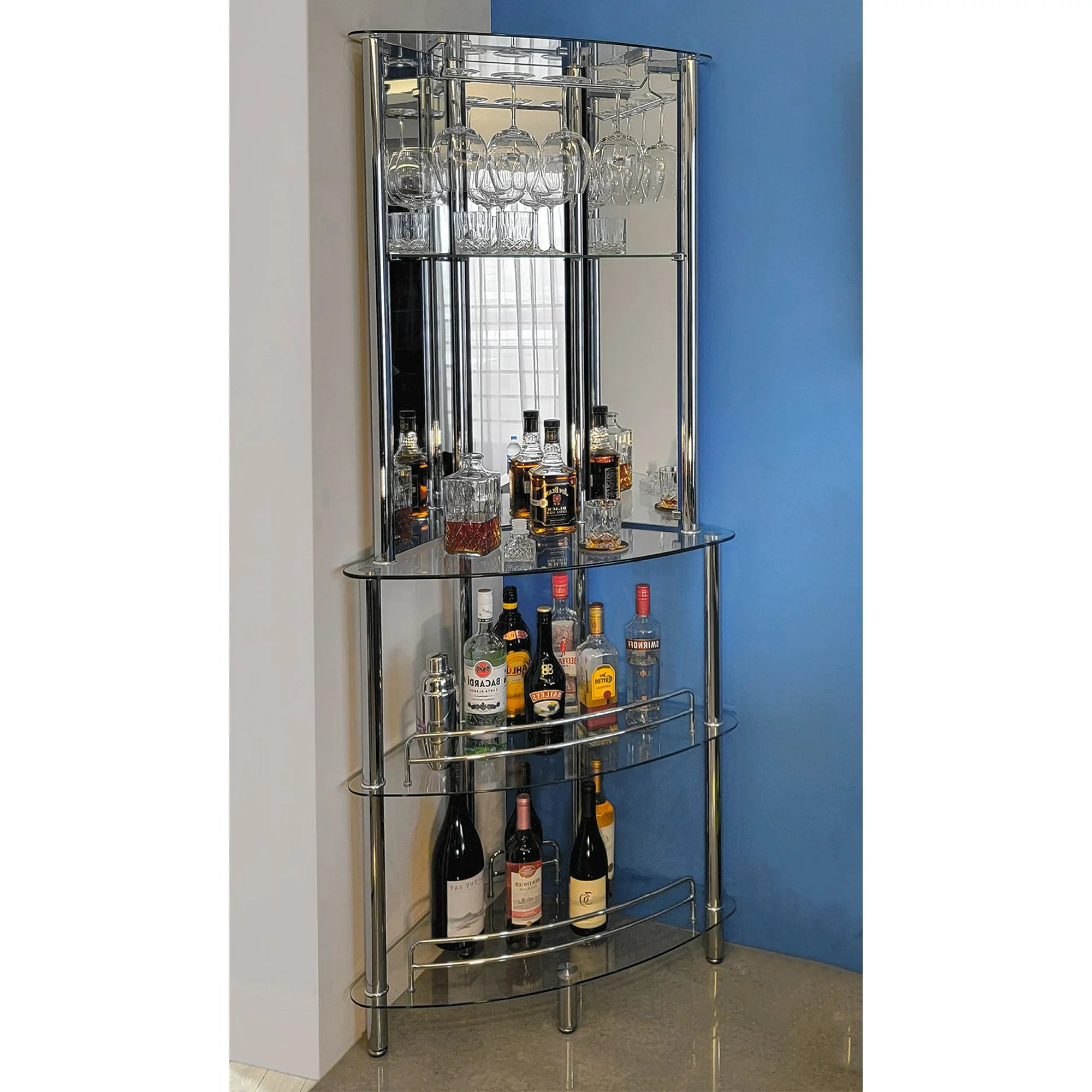 Mango Steam 3 Tier Chrome Corner Bar Tower, Glass - $180