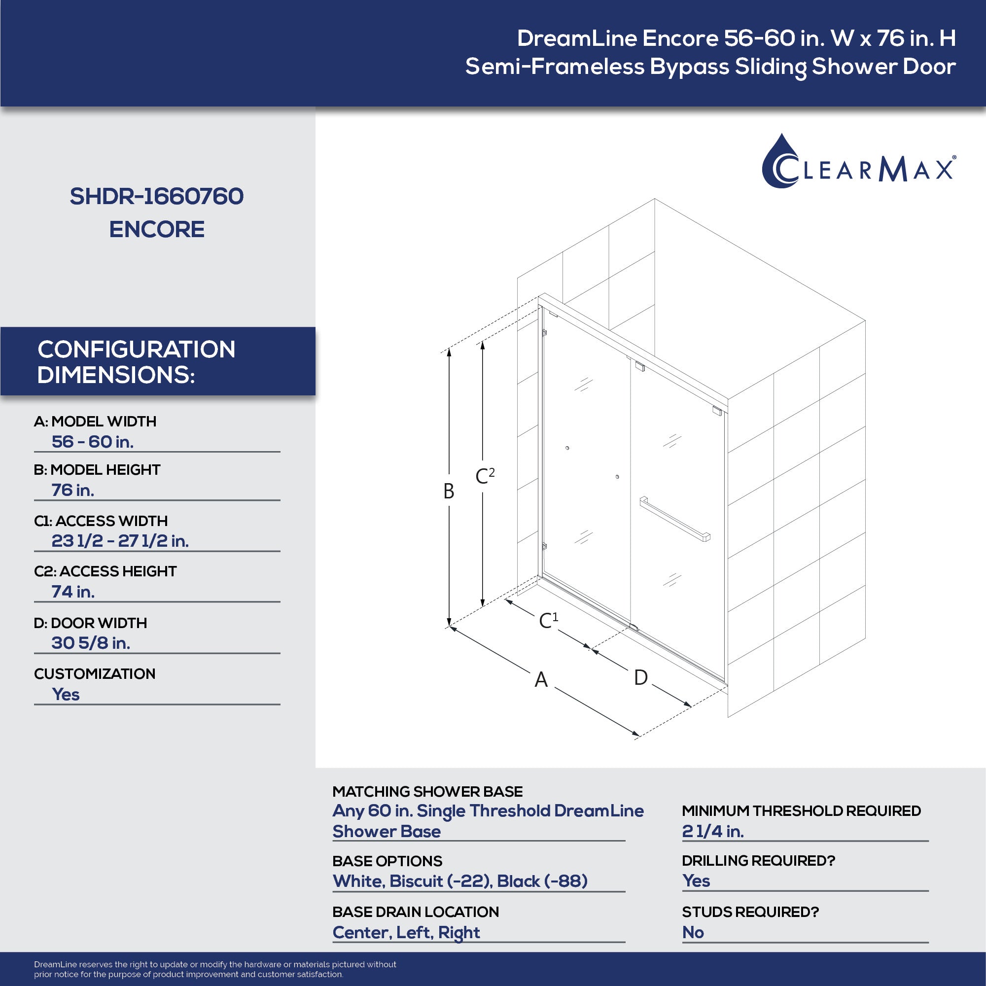 DreamLine Encore Bypass 56-60' x 76' Sliding Shower Door in Brushed Nickel - $555