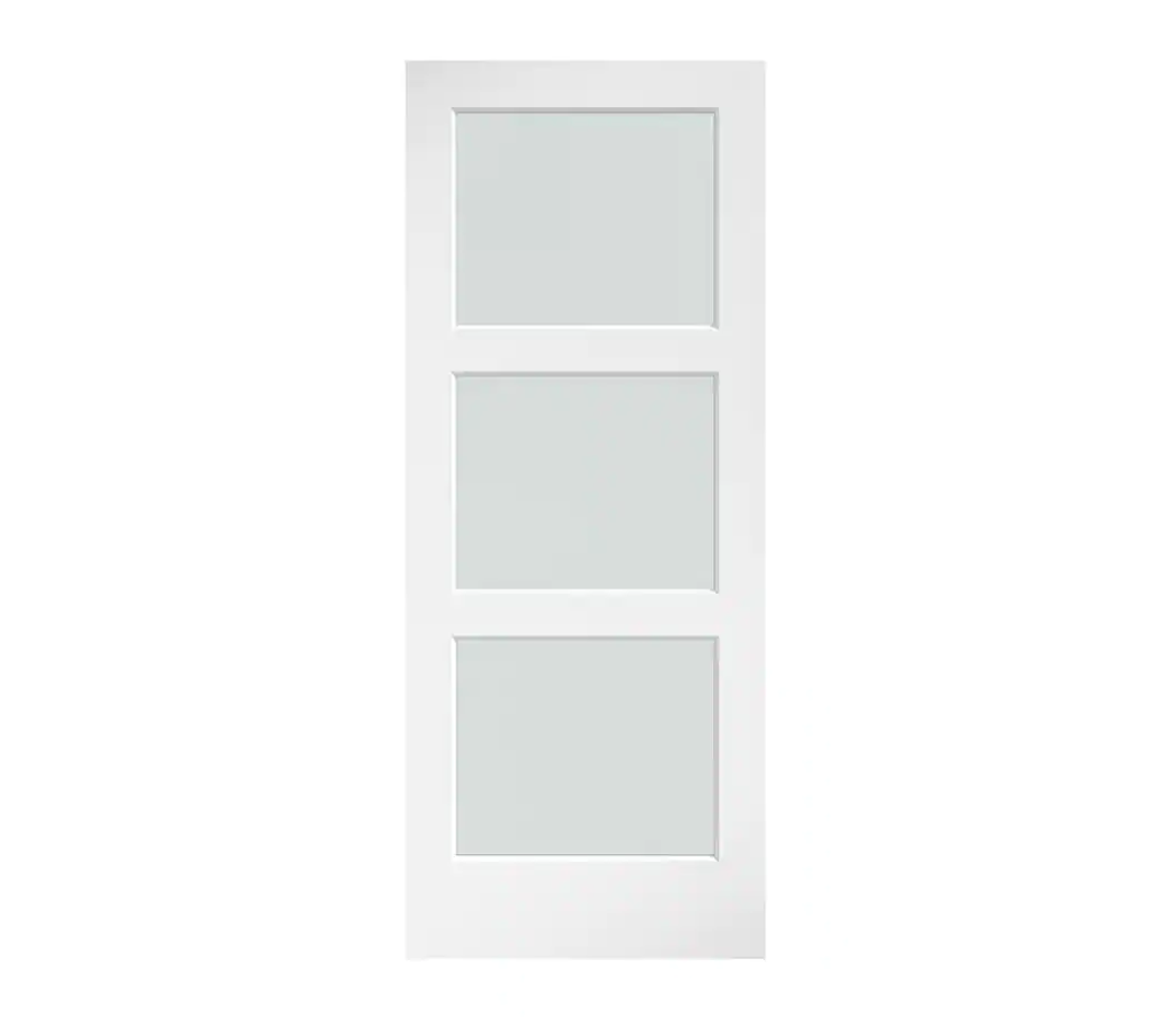 eightdoors 32 in. x 84 in. 3 Frosted Glass Solid Core White Finished Barn Door - $150