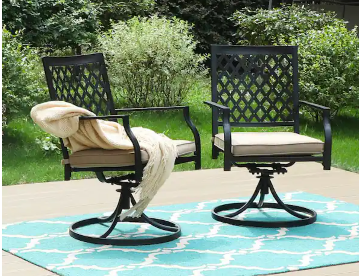 Black Metal Elegant Patio Outdoor Dining Swivel Chair with Beige Cushion (2-Pack)-$160