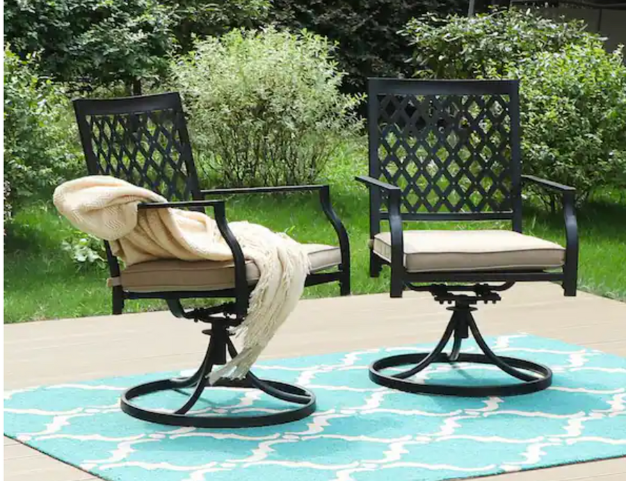 Phi Villa Black Metal Elegant Patio Outdoor Dining Swivel Chair with Beige Cushion (2-Pack)-$153