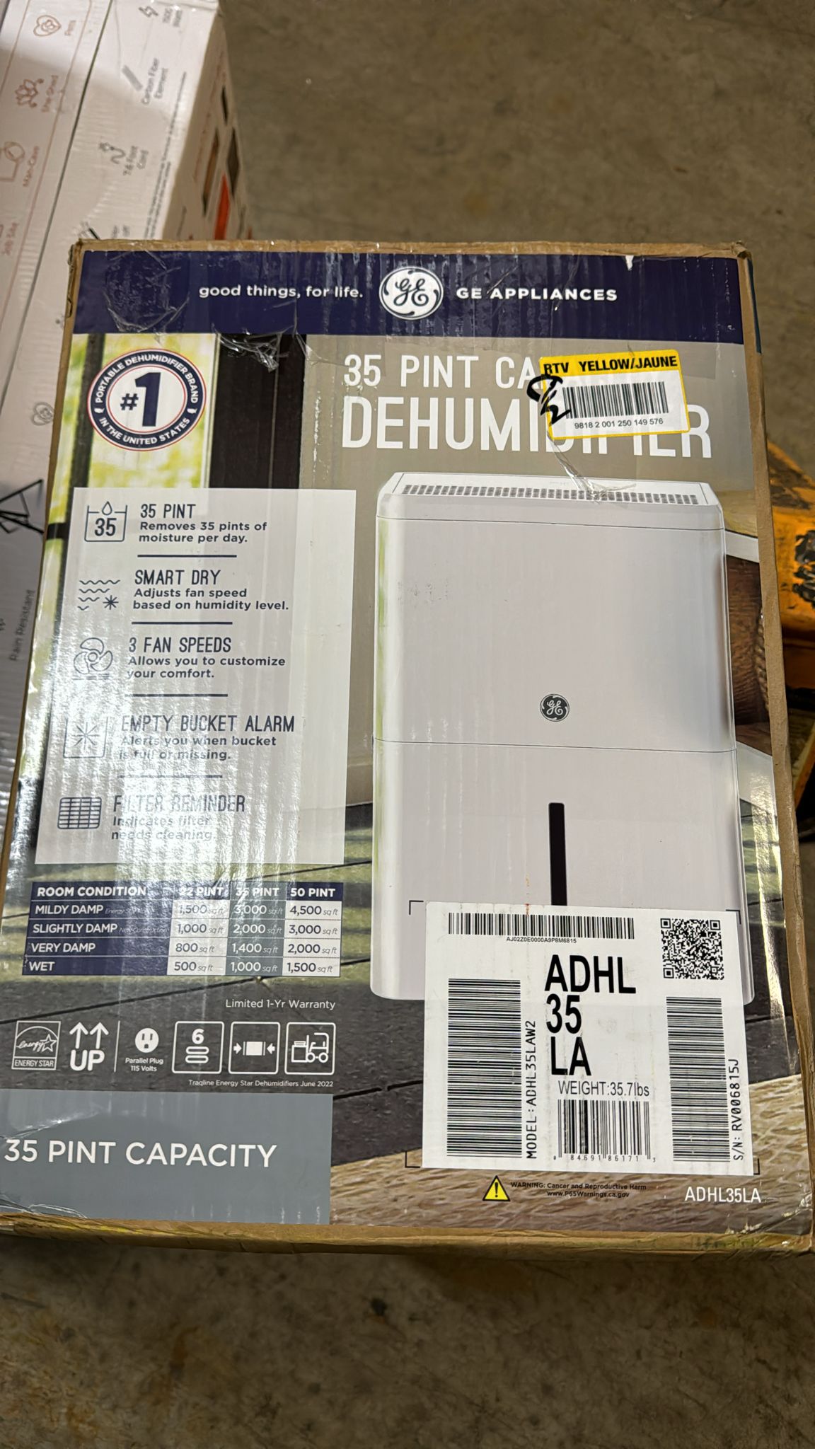 GE 35 pt. Dehumidifier with Smart Dry for Bedroom, Basement or Very Damp Rooms - $130