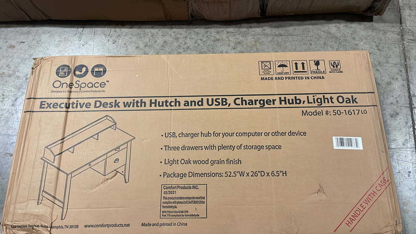 OneSpace Eleanor Executive Hutch and USB, Charger Hub, Light Oak Desk - $115
