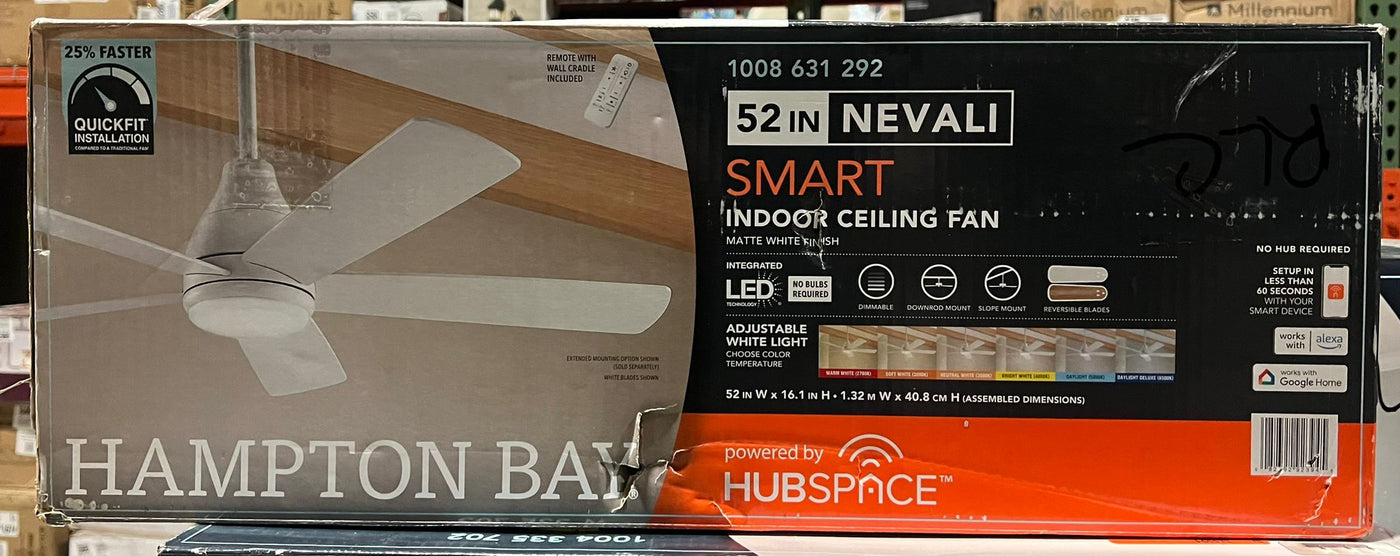 Hampton Bay Nevali 52 in. White Changing LED Indoor Smart Hubspace Ceiling Fan - $115