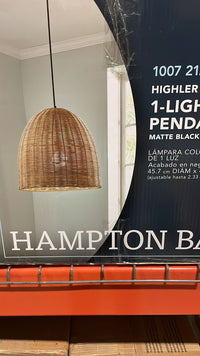 Hampton Bay Highler 1-Light Matte Black Island Pendant with Natural Rattan Shade - $70