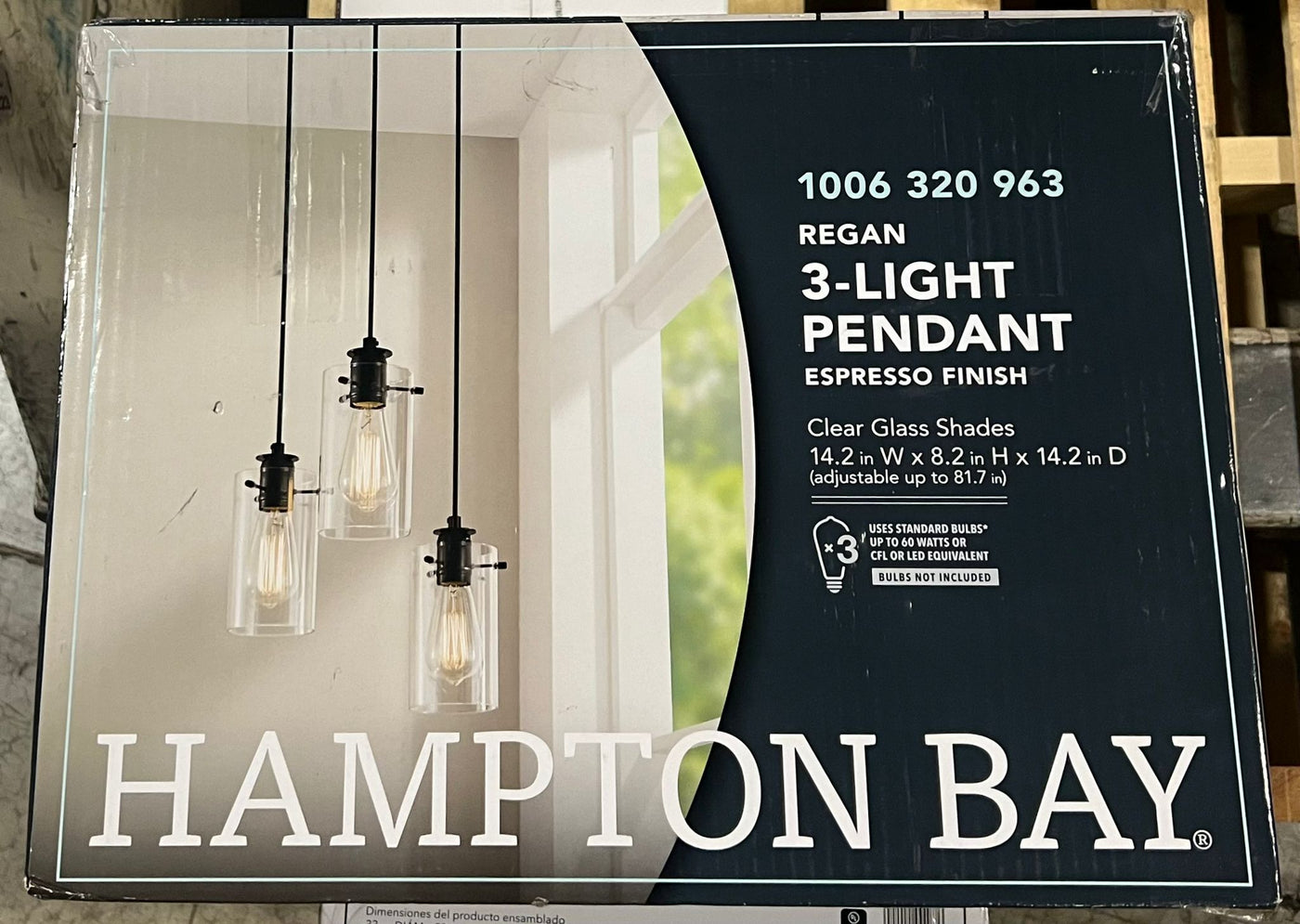 Hampton Bay Regan 3-Light Espresso Pendant Hanging Light with Clear Glass Shades - $70