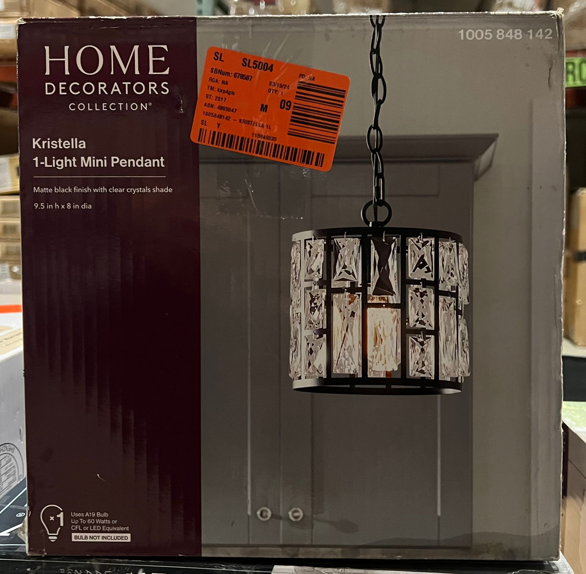 Home Decorators Collection Kristella 1-Light Black Crystal Pendant Light - $60